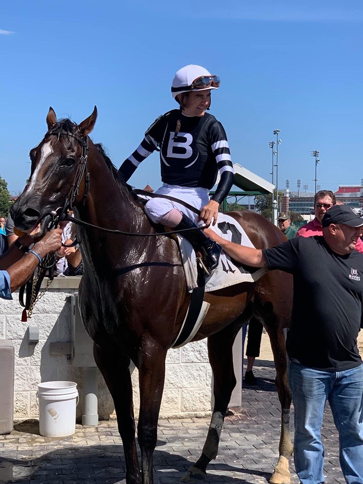 Belle Tapisserie walking into the winner's circle at Churchill Downs, September 22, 2019