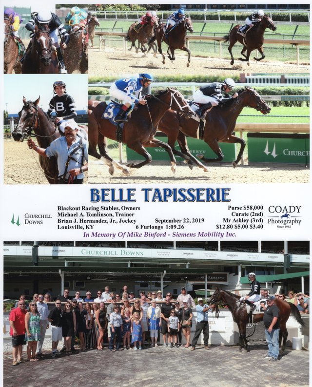 Winner's circle photo: Belle Tapisserie, Churchill Downs, September 22, 2019