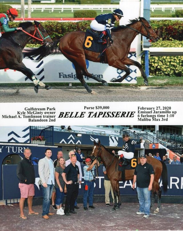 Winner's circle photo: Belle Tapisserie, Gulfstream Park, February 27, 2020