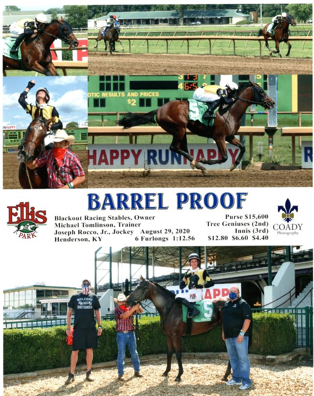 Winner's circle photo: Barrel Proof, Ellis Park, August 29, 2020