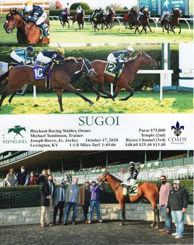 Winner's circle photo: Sugoi, Keeneland, October 17, 2020