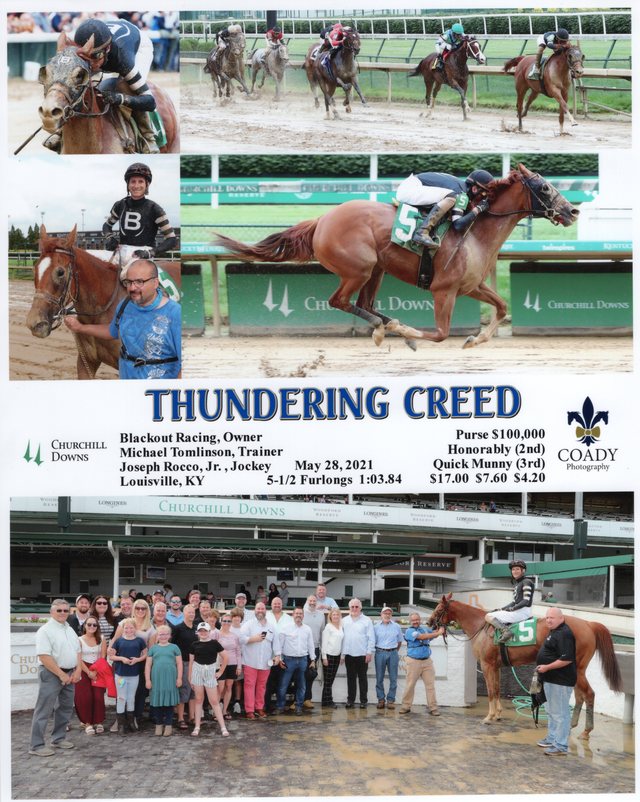 Winner's circle photo: Thundering Creed, Churchill Downs, May 28, 2021