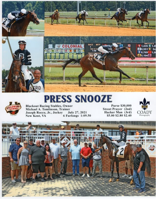 Winner's circle photo: Press Snooze, Colonial Downs, July 27, 2021
