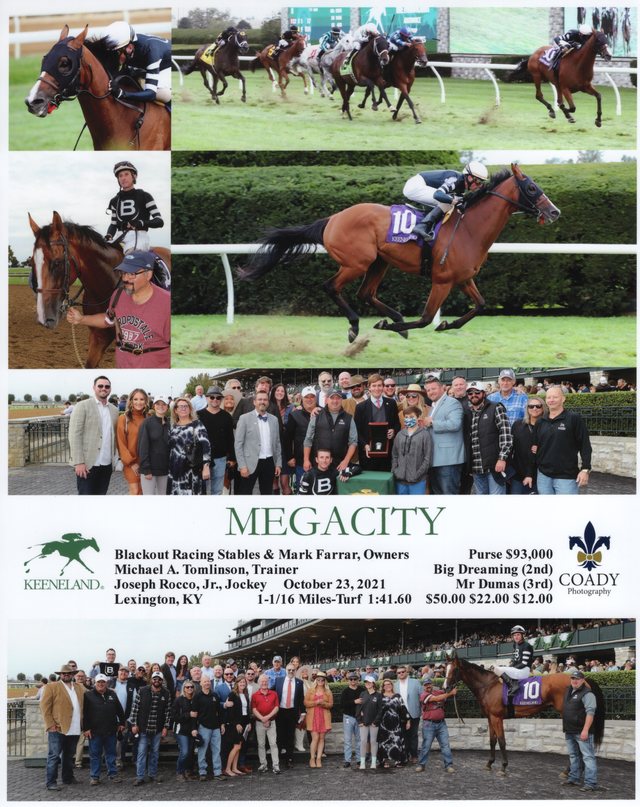 Winner's circle photo: Megacity, Keeneland, October 23, 2021