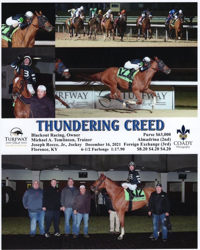 Winner's circle photo: Thundering Creed, Turfway Park, December 16, 2021