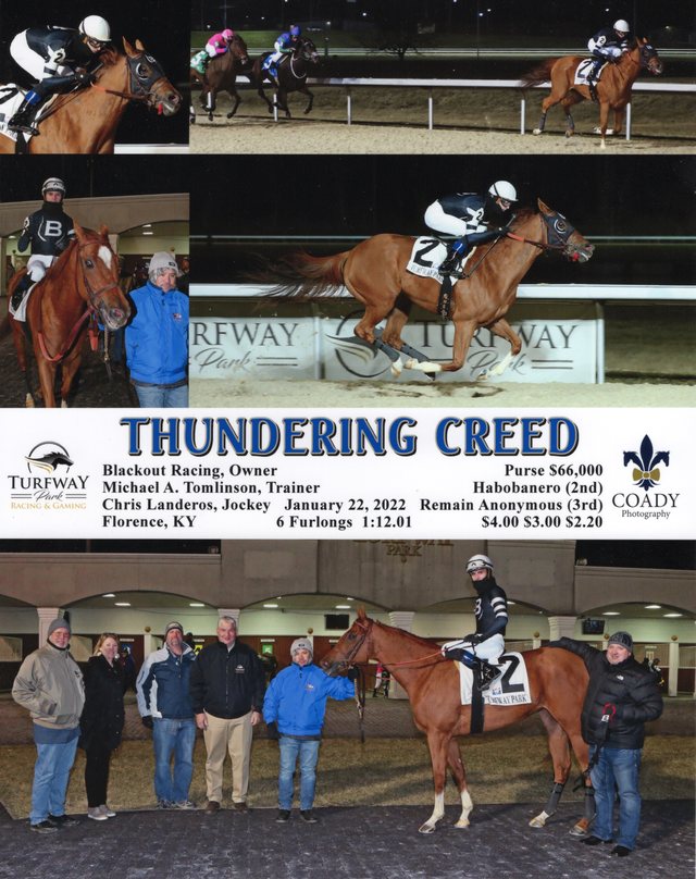 Winner's circle photo: Thundering Creed, Turfway Park, January 22, 2022