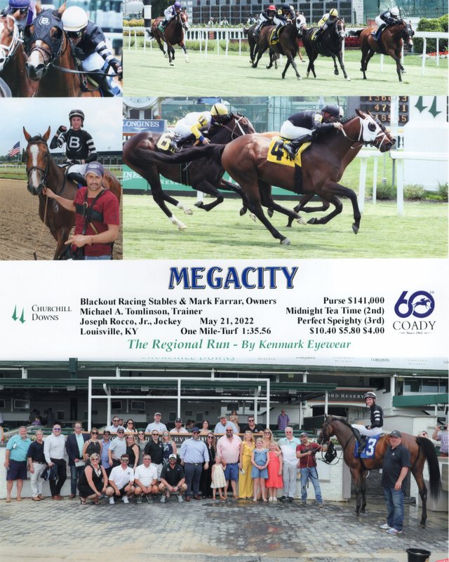 Winner's circle photo: Megacity, Churchill Downs, May 21, 2022