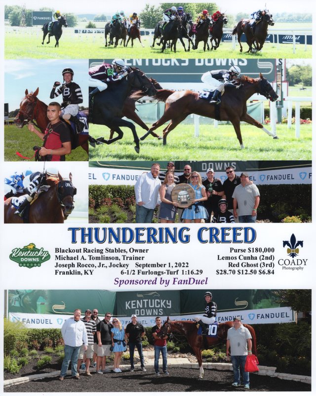 Winner's circle photo: Thundering Creed, Kentucky Downs, September 1, 2022