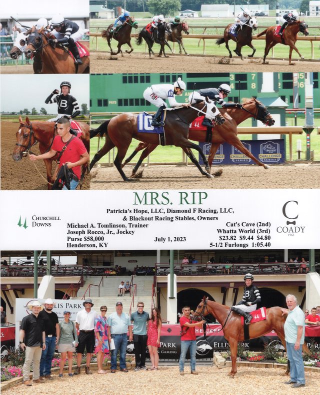 Winner's circle photo: Mrs. Rip, Ellis Park, July 1, 2023