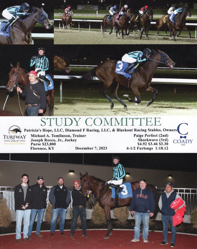 Winner's circle photo: Study Committee, Turfway Park, December 7, 2023