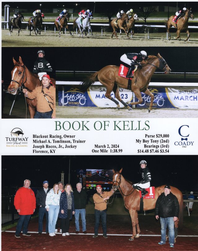 Winner's circle photo: Book of Kells, Turfway Park, March 2, 2024