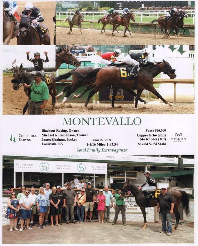 Winner's circle photo: Montevallo, Churchill Downs, June 29, 2024
