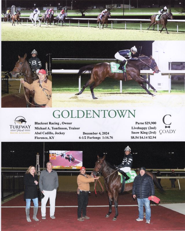 Winner's circle photo: Goldentown, Turfway Park, December 4, 2024