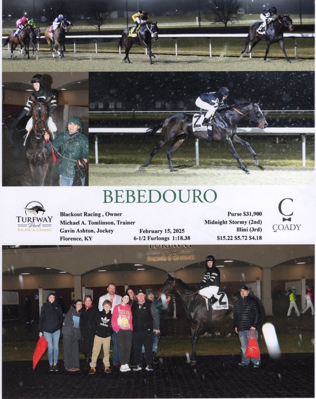 Winner's circle photo: Bebedouro, Turfway Park, February 15, 2025