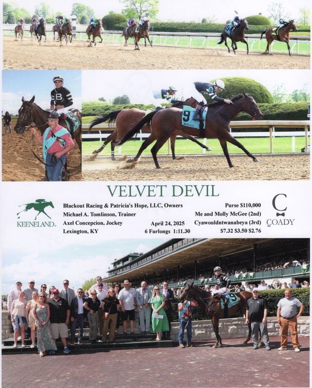 Winner's circle photo: Velvet Devil, Keeneland, April 24, 2025
