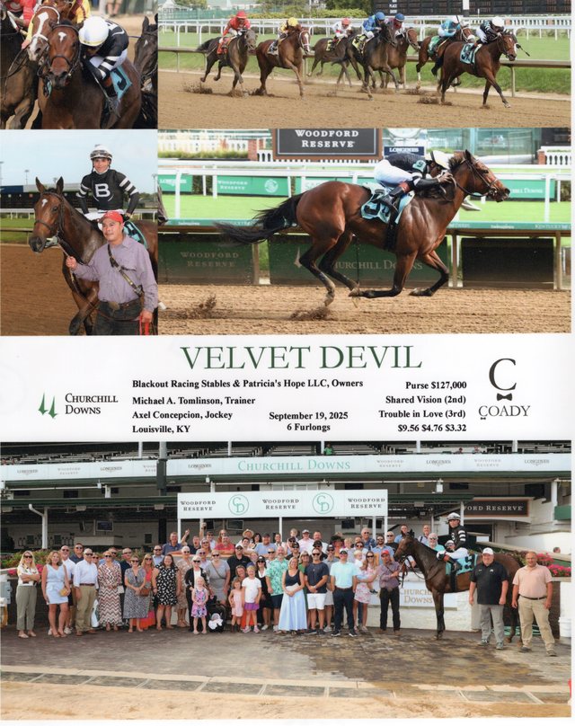 Winner's circle photo: Velvet Devil, Churchill Downs, September 19, 2025
