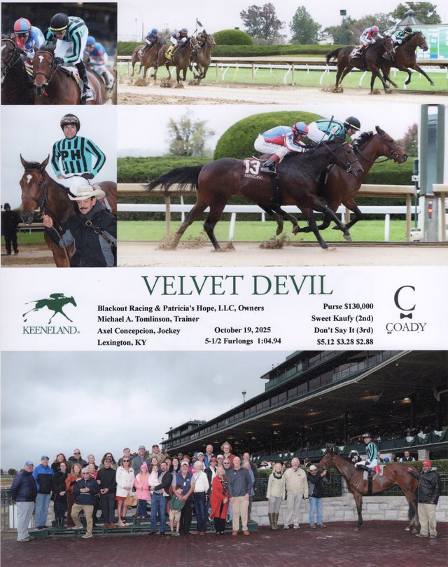 Winner's circle photo: Velvet Devil, Keeneland, October 19, 2025