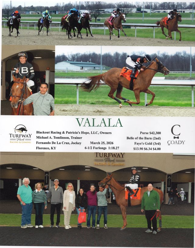 Winner's circle photo: Valala, Turfway Park, March 25, 2026