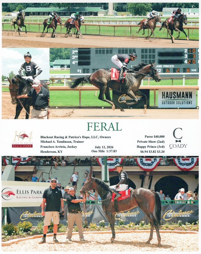 Winner's circle photo: Feral, Ellis Park, July 12, 2026